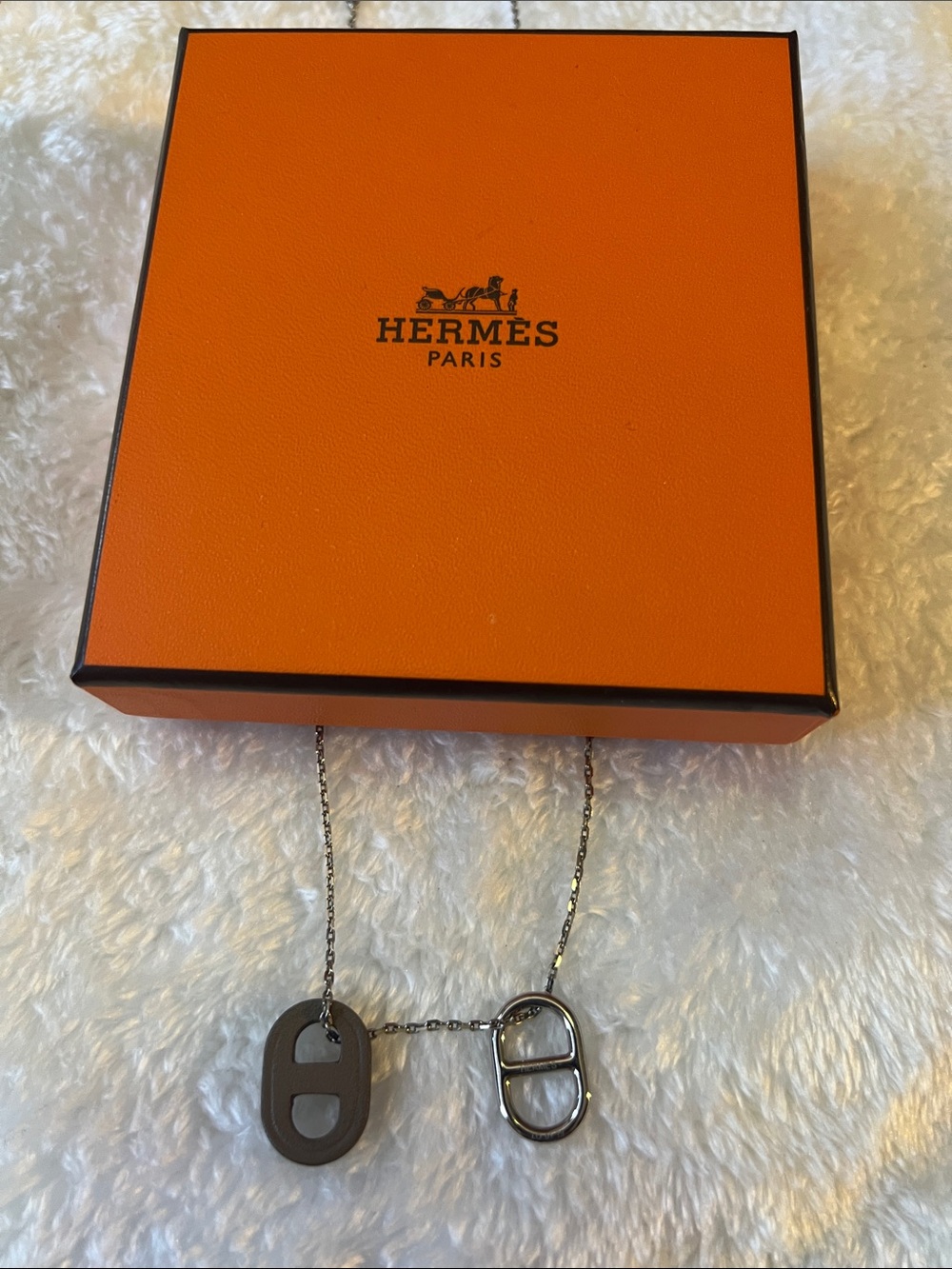 Hermes Silver Chain Necklace with Dark Gray and Silver Pendants